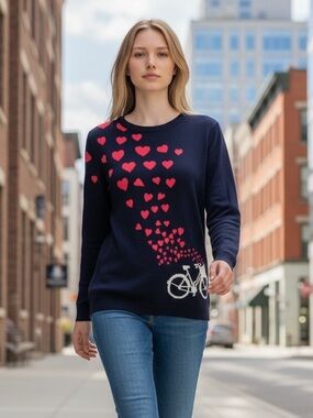 Talbots Women’s Navy Heart Bicycle Crewneck Sweater Classic Casual cotton S EUC